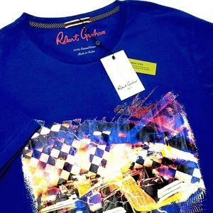 Robert Graham Auto Racing Checkered Blue Graphic Classic Fit T-Shirt Crew Neck